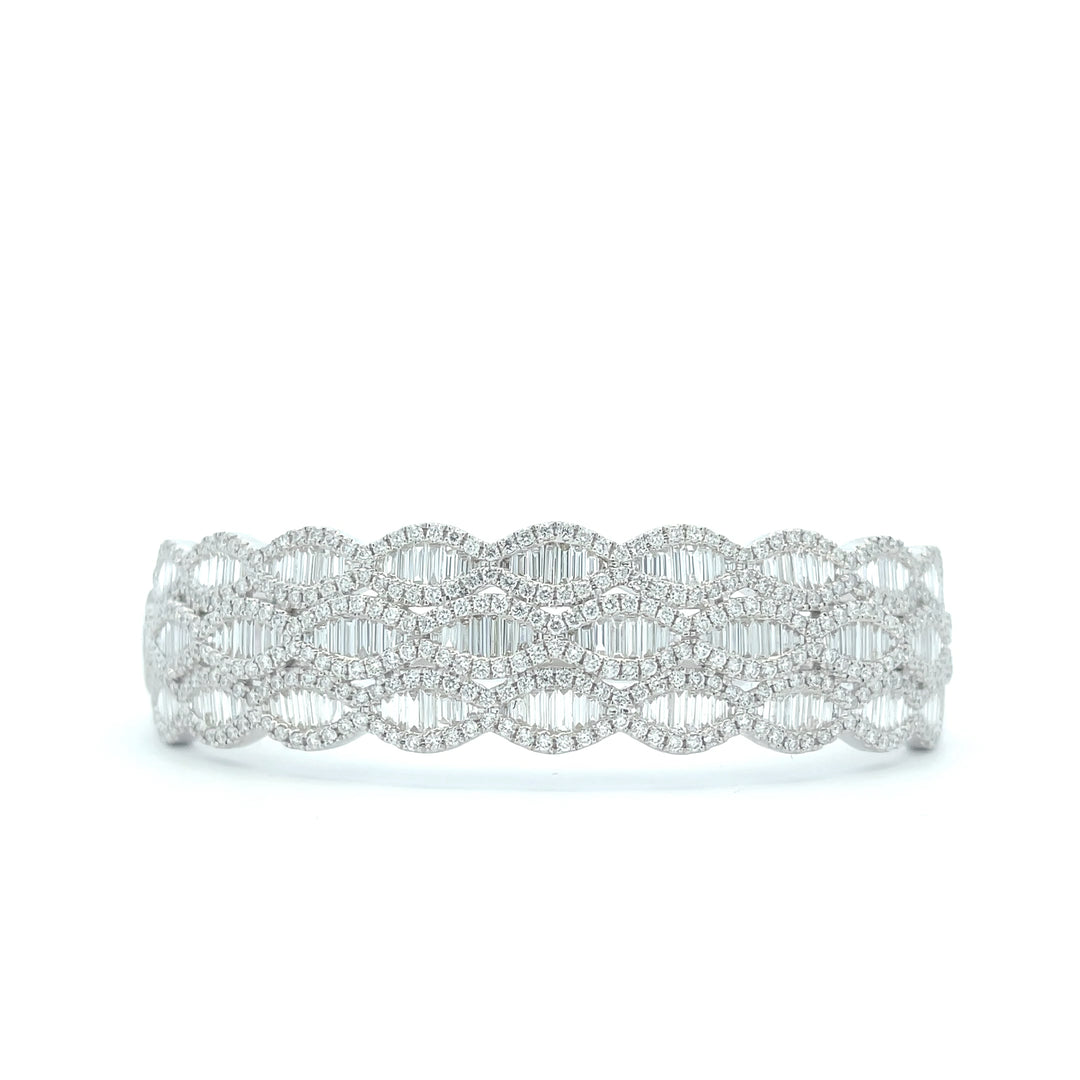 18K White Gold 5 5/8 CTW Round & Baguette Luxury Bangle Bracelet