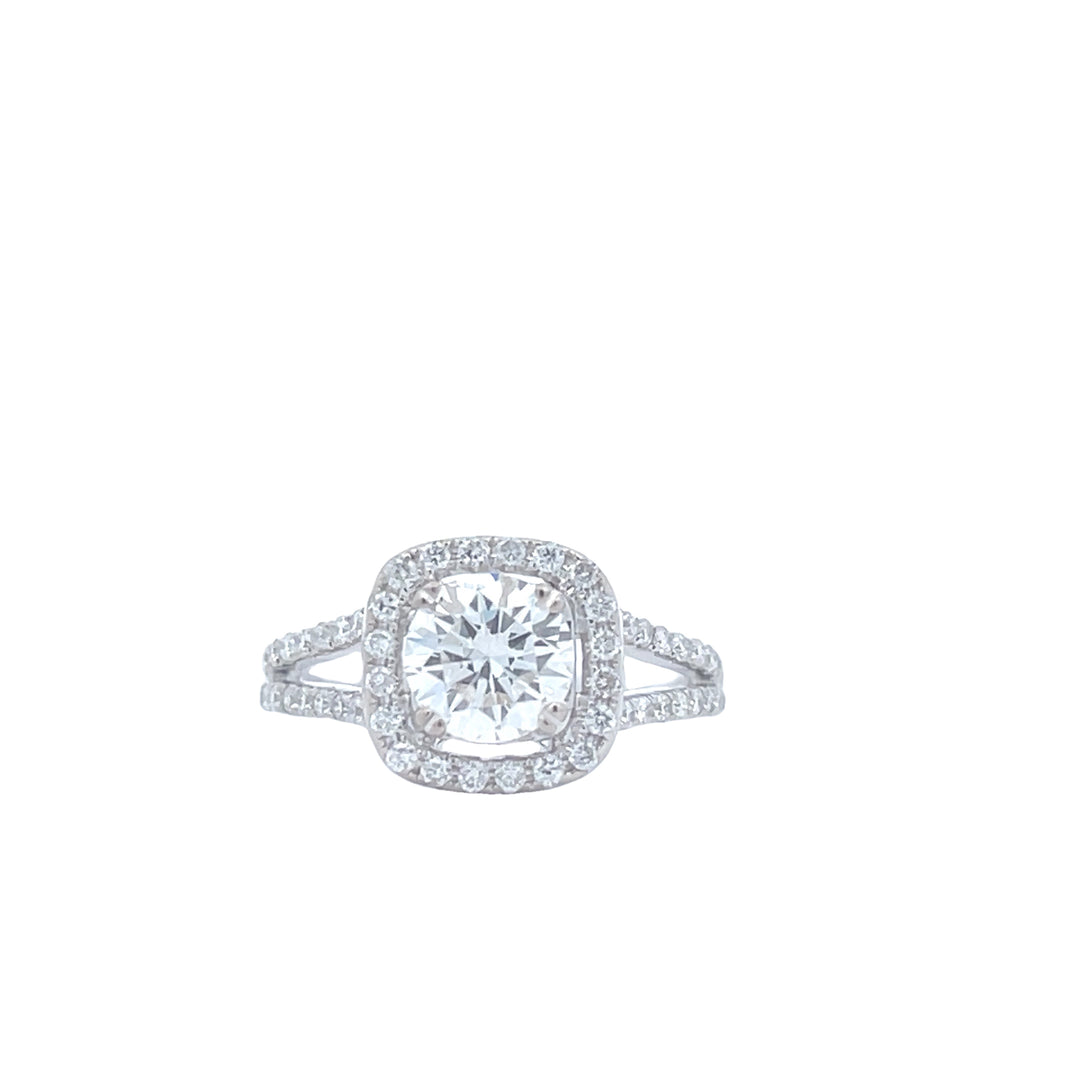 18K White Gold 1.12 CT Cushion Cut Center Diamond with 3/7 CTW Pave Set Split Shank Style Engagement Ring