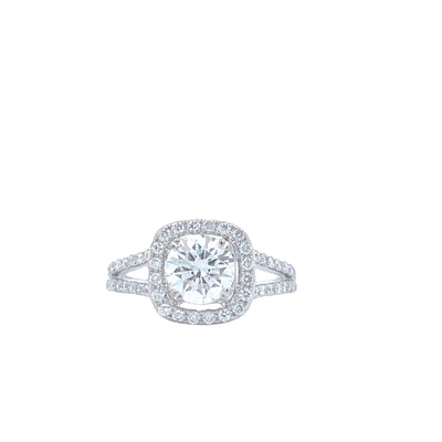18K White Gold 1.12 CT Cushion Cut Center Diamond with 3/7 CTW Pave Set Split Shank Style Engagement Ring