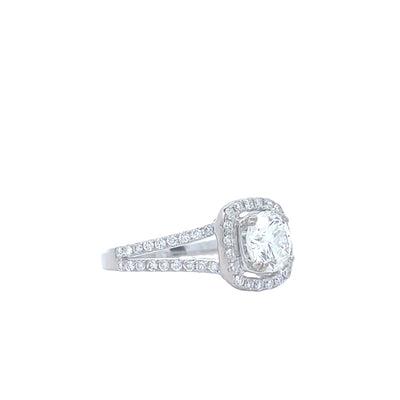 18K White Gold 1.12 CT Cushion Cut Center Diamond with 3/7 CTW Pave Set Split Shank Style Engagement Ring