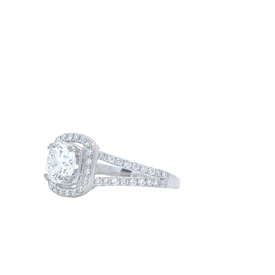 18K White Gold 1.12 CT Cushion Cut Center Diamond with 3/7 CTW Pave Set Split Shank Style Engagement Ring