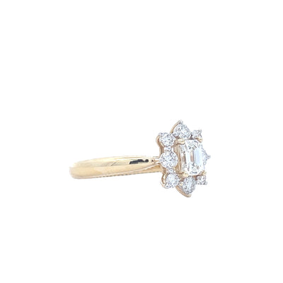 18K Yellow Gold .51 CT Emerald Diamond Center  and 1/2 CTW Diamond Halo Engagement Ring