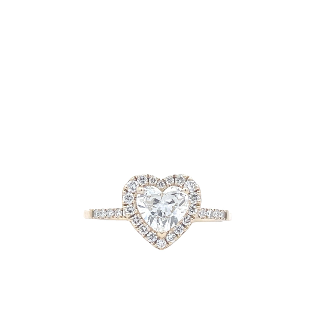 14K Yellow Gold Heart Shape .81 CT and 1/4 CTW Diamond Halo Pave Set Engagement Ring
