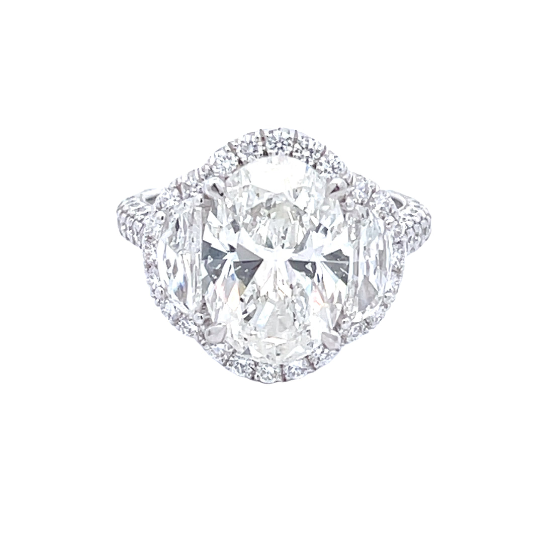 Platinum 4.07 CT Diamond Oval Center, 2/3 Half Moon Side Diamonds, and 1.06 CTW Round Pave Set Diamond Mount Engagement Ring
