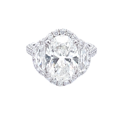 Platinum 4.07 CT Diamond Oval Center, 2/3 Half Moon Side Diamonds, and 1.06 CTW Round Pave Set Diamond Mount Engagement Ring