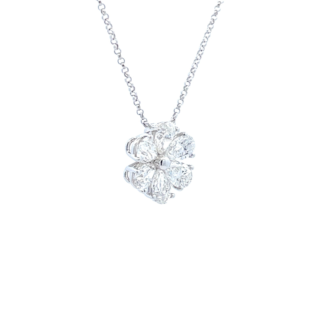 18K White gold 2 1/3 Pear Shape Diamonds Designed Flower Pendant Necklace
