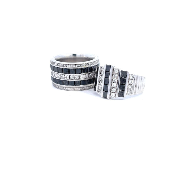 Custom-Made Men's 14K White Gold Diamond and Sapphire Wedding Bands
