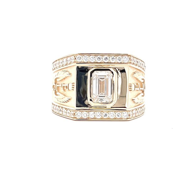 Men's Custom 18K Yellow Gold Statement Initial Ring With Diamonds