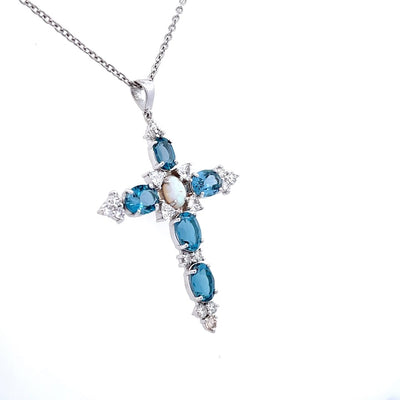 Custom-Made 14K White Gold Diamond, Blue Topaz and Opal Cross Pendant Necklace