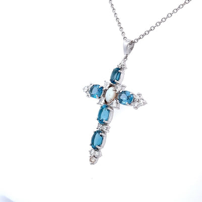 Custom-Made 14K White Gold Diamond, Blue Topaz and Opal Cross Pendant Necklace