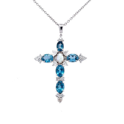 Custom-Made 14K White Gold Diamond, Blue Topaz and Opal Cross Pendant Necklace