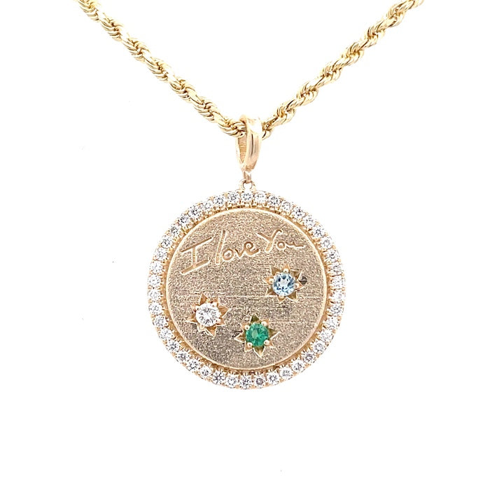 Custom-Made 14K "Mother's" Necklace With Diamonds, Emerald, and Aquamarine