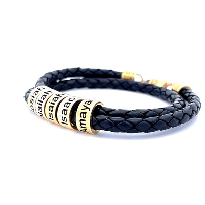 Custom-Made Leather Cord Bracelet With 5 Name Beads Solid 14K or 14K Gold Plated