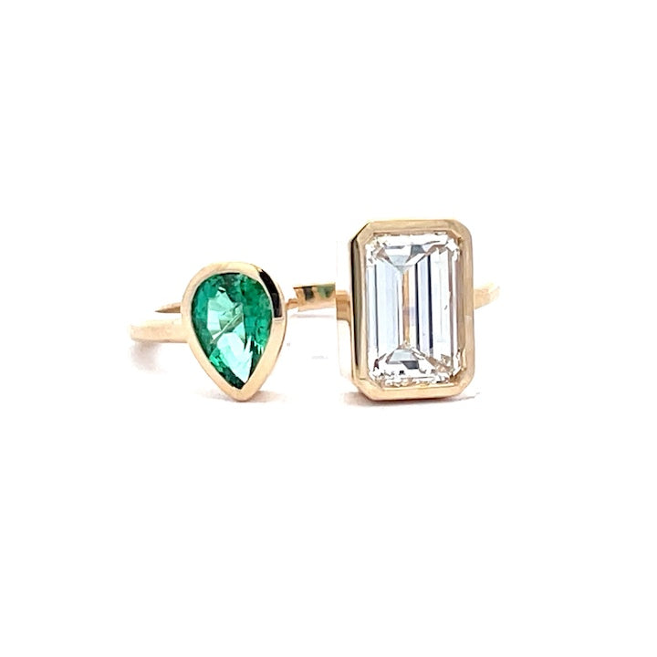 Custom-Made 18K Yellow Gold Pear Shape Emerald and Emerald Cut Diamond Two-Stone Ring