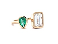 Custom-Made 18K Yellow Gold Pear Shape Emerald and Emerald Cut Diamond Two-Stone Ring