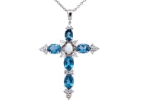 Custom-Made 14K White Gold Diamond, Blue Topaz and Opal Cross Pendant Necklace