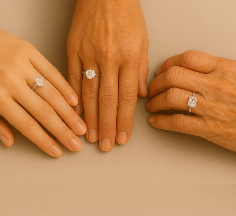 {{4.9 Star Rating from 500+ Reviews}} - Three hands in a circle, each wearing a ring on their finger.